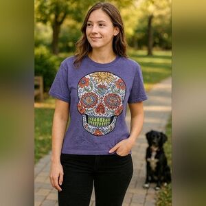 Hasta Siempre Sugar Skull Graphic Tee | Size Small | Vibrant Boho Festival Vibe